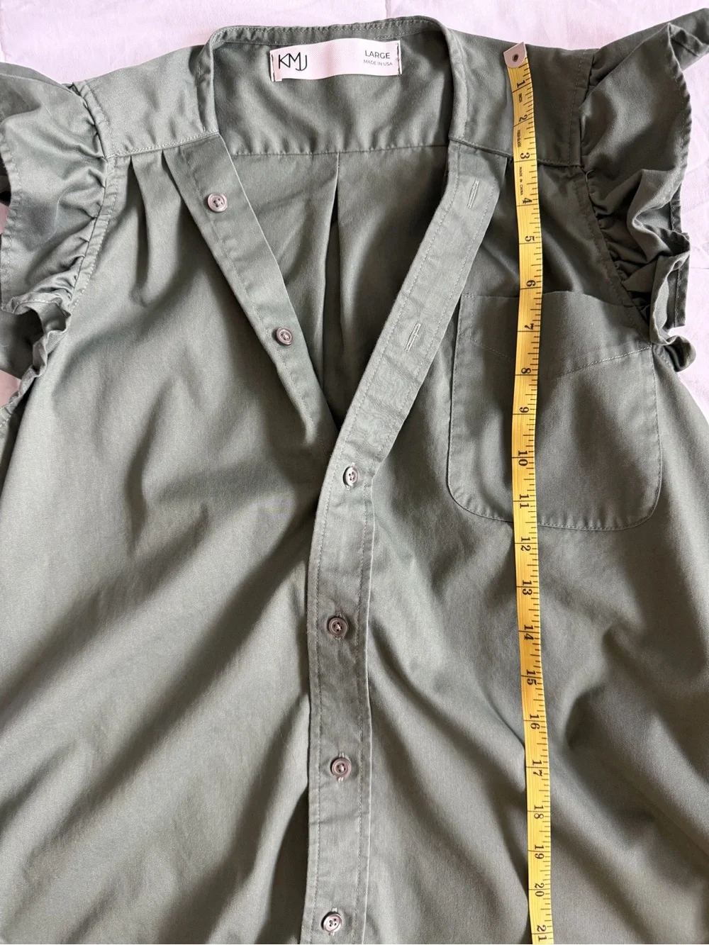 KMJ Ruffled Sleeve  Button-Front Top -  Green - Picture 10 of 14